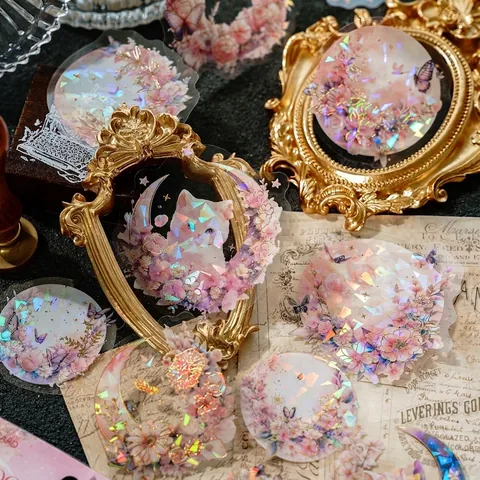 PET Laser Gold Decorative Sticker Pack Aesthetic Cute Moon Cat Butterfly Journaling Scrapbooking Stationery Supplies