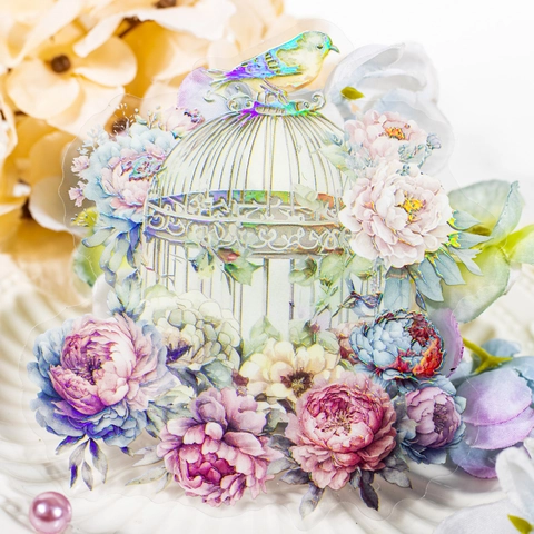 PET Dekorative Aufkleber Vintage Vogelkäfig Blume Vogel Laser Regenbogen Effekt Für DIY Scrapbooking Journaling Handkonto Dekor