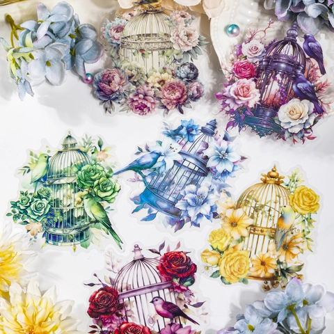 PET Dekorative Aufkleber Vintage Vogelkäfig Blume Vogel Laser Regenbogen Effekt Für DIY Scrapbooking Journaling Handkonto Dekor