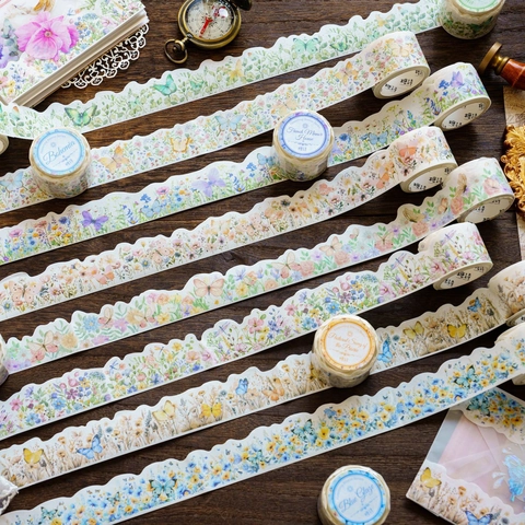 Cinta Washi Vintage Serie Flowering Breeze Borde Ondulado Decorativo Masking Tape Floral Acuarela Mariposa Papelería