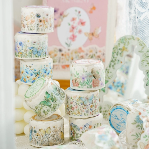 Cinta Washi Vintage Serie Flowering Breeze Borde Ondulado Decorativo Masking Tape Floral Acuarela Mariposa Papelería