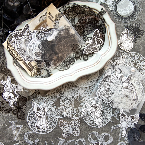 Vintage PET Washi Paper Scrapbooking Sticker Pack Black White Lace Butterfly Floral Decorative Journaling Decals Art Craft