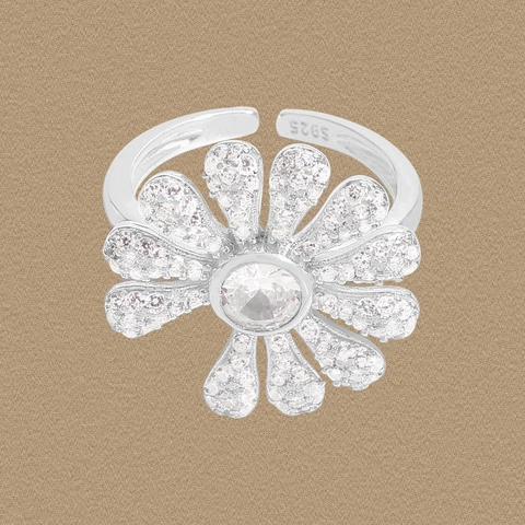 Anillo Abierto de Flor de Margarita de Plata de Ley S925 para Mujer Elegante Anillo de Dedo Ajustable con Strass Joyas