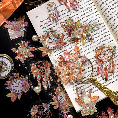 Adesivi Vintage in PET con Piume Fiori e Farfalle Olografici per Scrapbooking Journaling Decorazione Fai Da Te