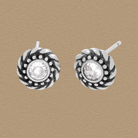Vintage S925 Sterling Silver Twist Stud Earrings For Women Retro Round Clear Zirconia Minimalist Jewelry Gift