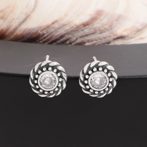 Vintage S925 Sterling Silver Twist Stud Earrings For Women Retro Round Clear Zirconia Minimalist Jewelry Gift