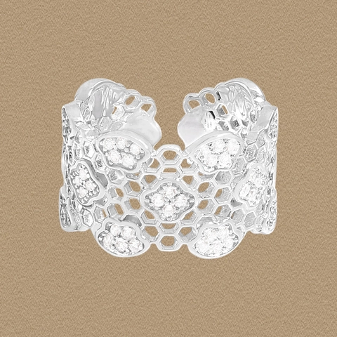 925 Sterling Silver Wide Hollow Honeycomb Lace Open Ring For Women Vintage Grid Floral Rhinestone Adjustable Finger Jewelry