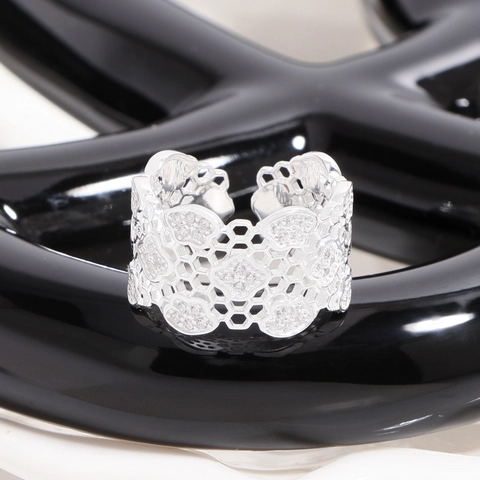 925 Sterling Silver Wide Hollow Honeycomb Lace Open Ring For Women Vintage Grid Floral Rhinestone Adjustable Finger Jewelry