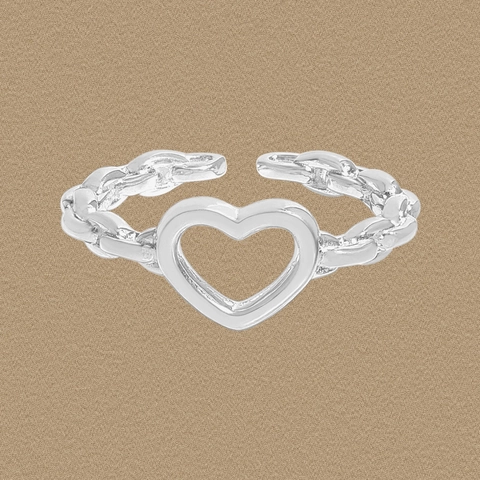 Anillo Abierto de Corazón de Plata de Ley 925 Textura de Cadena Minimalista Anello de Dedo Ajustable Joyas Elegantes Corazón Mujer