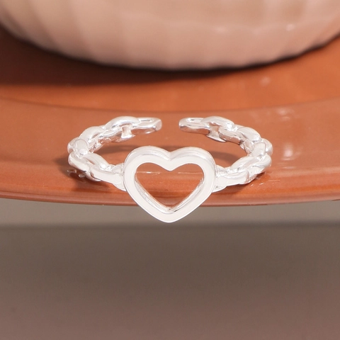 Anillo Abierto de Corazón de Plata de Ley 925 Textura de Cadena Minimalista Anello de Dedo Ajustable Joyas Elegantes Corazón Mujer