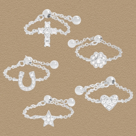 Anello a Catena Regolabile in Argento Sterling S925 per Donna Con Ciondolo in Strass Cuore Stella Fiore Ferro di Cavallo Croce Gioielli
