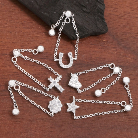 Anello a Catena Regolabile in Argento Sterling S925 per Donna Con Ciondolo in Strass Cuore Stella Fiore Ferro di Cavallo Croce Gioielli