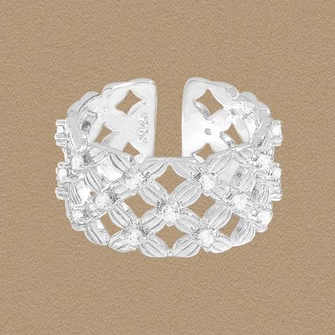 Retro S925 Sterling Silver Hollow Lattice Open Ring For Women Rhinestone Wide Band Adjustable Fashion Jewelry