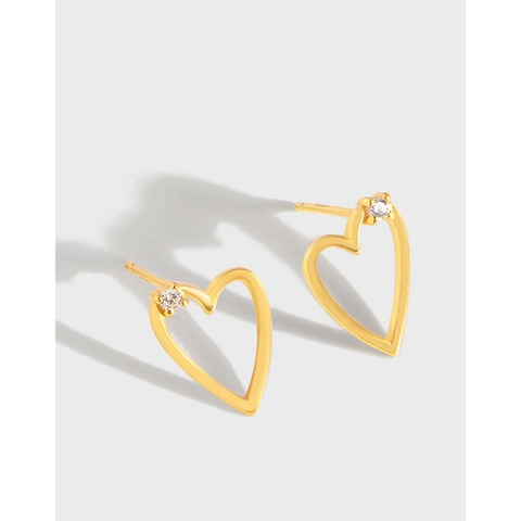 925 Sterling Silver Minimalist Hollow Heart Stud Earrings Rhinestone Inlaid Champagne Gold Ear Jewelry For Women Daily Gift