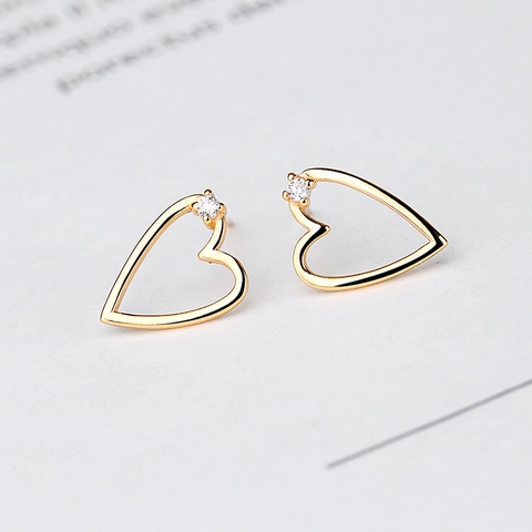 925 Sterling Silver Minimalist Hollow Heart Stud Earrings Rhinestone Inlaid Champagne Gold Ear Jewelry For Women Daily Gift