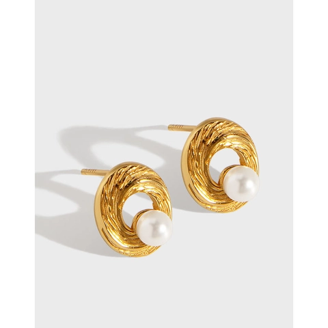 Orecchini a Bottone in Argento Sterling 925 e Perle Artificiali per Donna Minimalisti Struttura a Spirale Gioielli Coreani