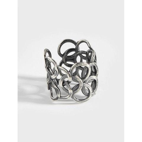 925 Sterlingsilber Vintage Verflochtene Kreise Offener Ring Für Damen Minimalistisch Distressed Hohl Band Verstellbar Mode Fingerschmuck