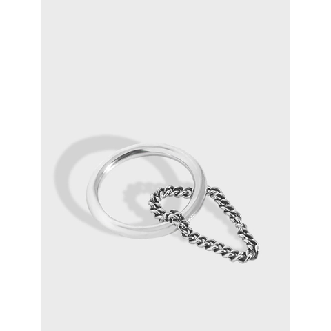 Anello in Argento Sterling 925 a Catena per Donna Vintage Antico Ossidato a Doppio Strato Geometrico Minimalista Gioielli