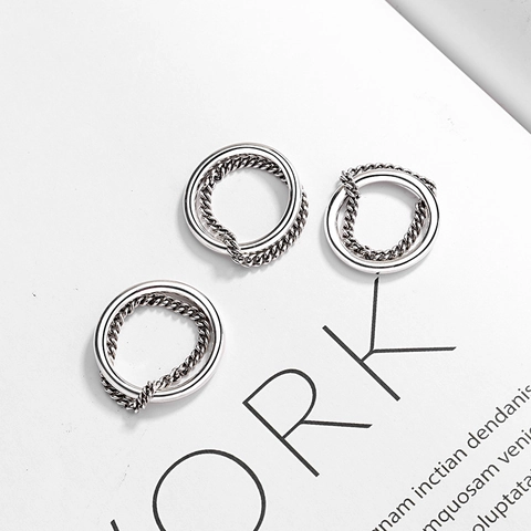 Anello in Argento Sterling 925 a Catena per Donna Vintage Antico Ossidato a Doppio Strato Geometrico Minimalista Gioielli