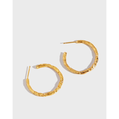 Pendientes de Aro de Plata de Ley S925 Oro Texturizado para Mujer Pendientes de Botón Geométricos Minimalistas Irregulares