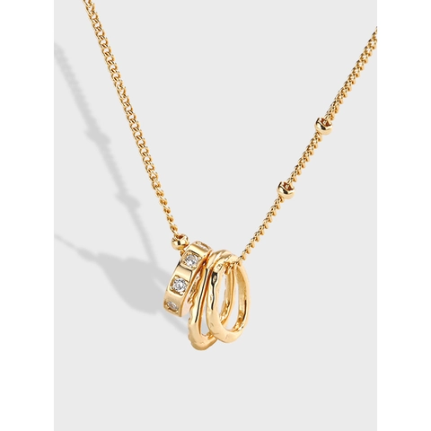 925 Sterling Silver Three Interlocking Circles Pendant Necklace Gold Plated Rhinestone Satellite Chain Jewelry For Women