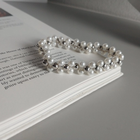 Bracciale da Donna in Argento Sterling 925 con Perle Artificiali Multistrato Intrecciato a Mano Catena Elegante Minimalista
