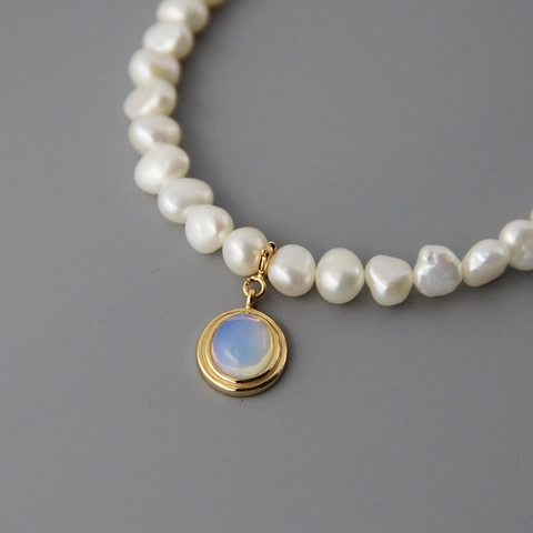 925 Sterling Silver Natural Baroque Pearl Necklace For Women With Round Moonstone Pendant Gold Plated Chain Elegant Jewelry