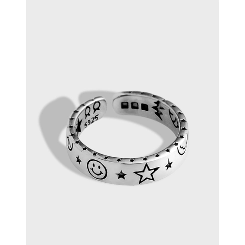 Vintage 925 Sterling Silber Offener Ring Damen Minimalistisch Stern Mond Smiley Antik-Finish Verstellbarer Fingerring Schmuck