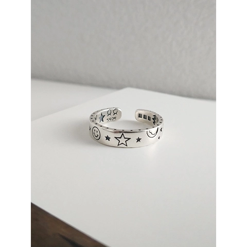 Vintage 925 Sterling Silber Offener Ring Damen Minimalistisch Stern Mond Smiley Antik-Finish Verstellbarer Fingerring Schmuck
