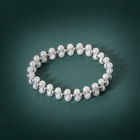 Bracciale da Donna in Argento Sterling 925 con Perle Artificiali Multistrato Intrecciato a Mano Catena Elegante Minimalista