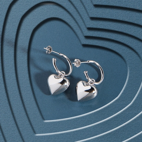 Pendientes de Aro con Colgante de Corazón de Plata de Ley S925 para Mujer Minimalistas Pendientes con Colgante de Corazón 3D