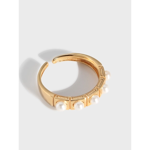925 Sterlingsilber Gitter Perle Offener Ring Für Damen Elegant Vergoldeter Verstellbarer Schmuck Quadratischer Kunstparel Ring