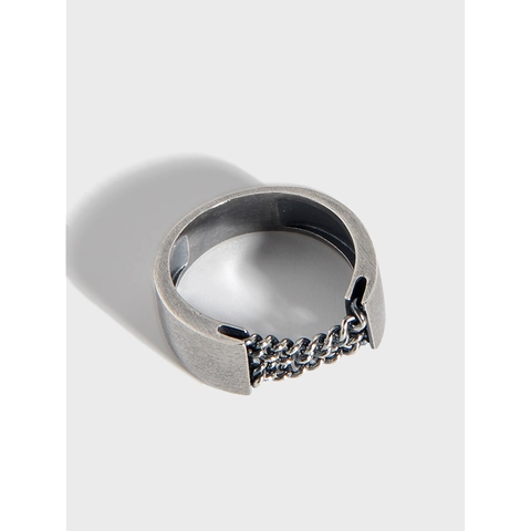 925 Sterlingsilber Ring Minimalistisches Industriedesign Kettenstruktur Gebürstetes Finish Vintage Verwitterter Schmuck Damen