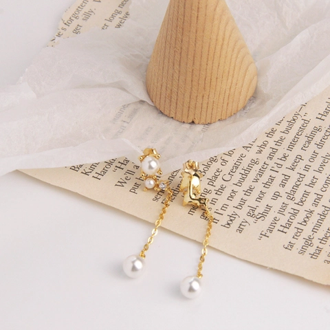 925 Sterling Silver Artificial Pearl Tassel Drop Earrings For Women Elegant Gold Plated Rhinestone Long Linear Ear Studs Jewelry