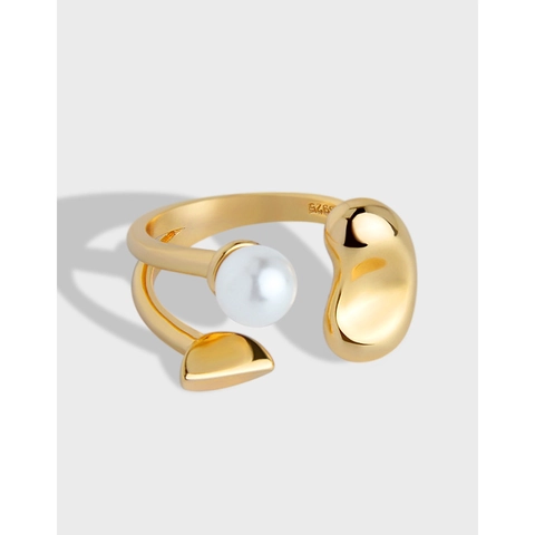 S925 Sterlingsilber Offener Ring Für Damen Minimalistisch Vergoldet Blütenblatt Künstliche Perle Verstellbar Fingerring Schmuck