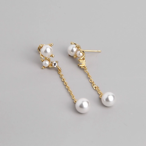 925 Sterling Silver Artificial Pearl Tassel Drop Earrings For Women Elegant Gold Plated Rhinestone Long Linear Ear Studs Jewelry