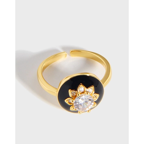 S925 Sterlingsilber Schwarz Emaille Blume Offener Ring Für Damen Vintage Vergoldet Strass Verstellbarer Fingerring Schmuck