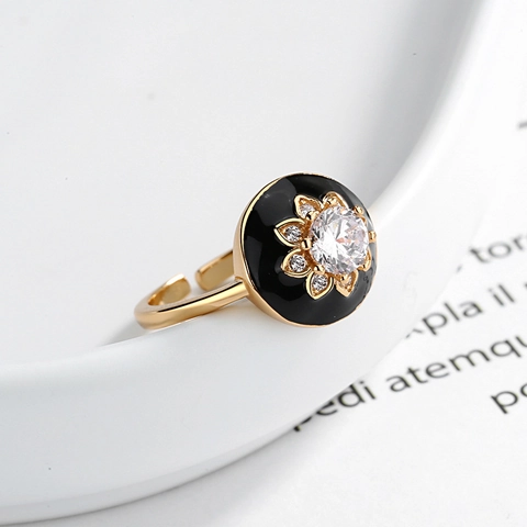 S925 Sterlingsilber Schwarz Emaille Blume Offener Ring Für Damen Vintage Vergoldet Strass Verstellbarer Fingerring Schmuck