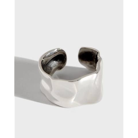 S925 Sterlingsilber Unregelmäßig Plissiert Offener Ring Für Damen Vintage Antik-Finish Konkav Welle Verstellbarer Minimalistischer Schmuck