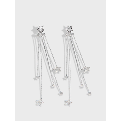 925 Sterling Silver Star Tassel Drop Earrings For Women Elegant Rhinestone Inlaid Long Chain Dangle Earrings Fashion Jewelry
