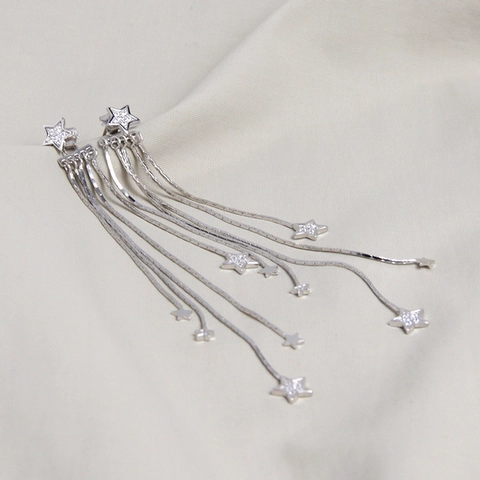 925 Sterling Silver Star Tassel Drop Earrings For Women Elegant Rhinestone Inlaid Long Chain Dangle Earrings Fashion Jewelry