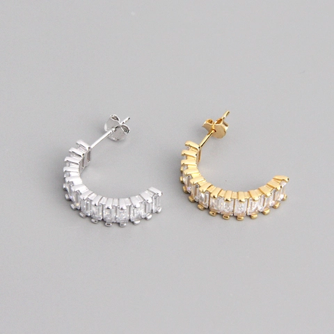 Pendientes de Botón Minimalistas de Plata de Ley 925 con Circonia para Mujer Forma de C Geométrica Joyería Chapada en Oro