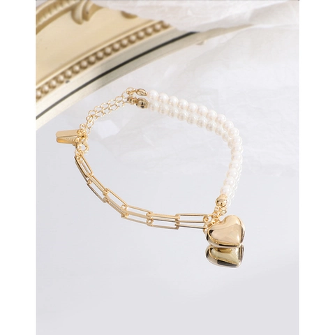 Bracciale Asimmetrico in Argento Sterling 925 con Perle Artificiali per Donna Bracciale a Catena con Ciondolo a Cuore Minimalista Gioielli