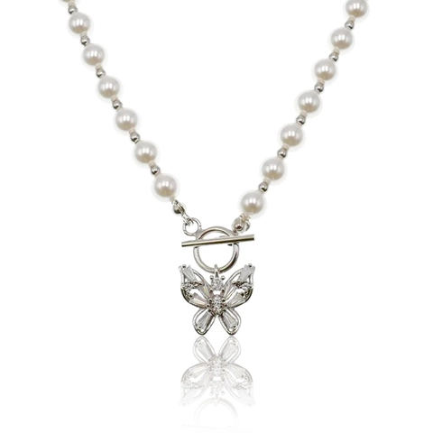 Collana con Ciondolo a Farfalla in Argento Sterling 925 per Donna Gioielli con Chiusura in Perle Artificiali e Strass