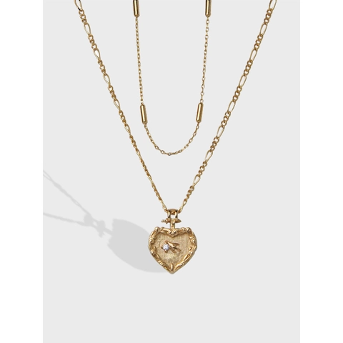 925 Sterling Silver Double Layer Heart Swallow Necklace Gold Plated Rhinestone Clavicle Chain For Women Retro Jewelry
