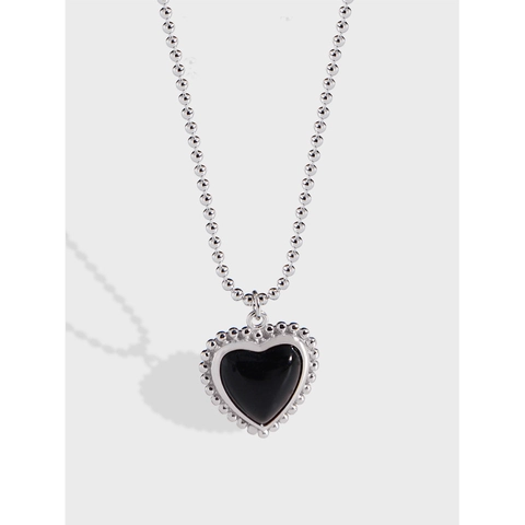 S925 Sterling Silver Black Onyx Heart Pendant Necklace For Women Minimalist Ball Chain Clavicle Chain Jewelry Gift