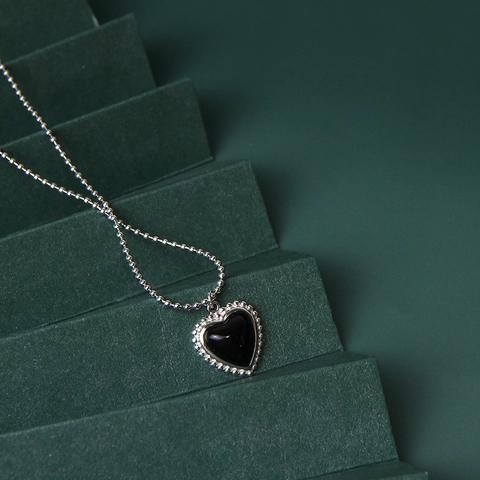 S925 Sterling Silver Black Onyx Heart Pendant Necklace For Women Minimalist Ball Chain Clavicle Chain Jewelry Gift