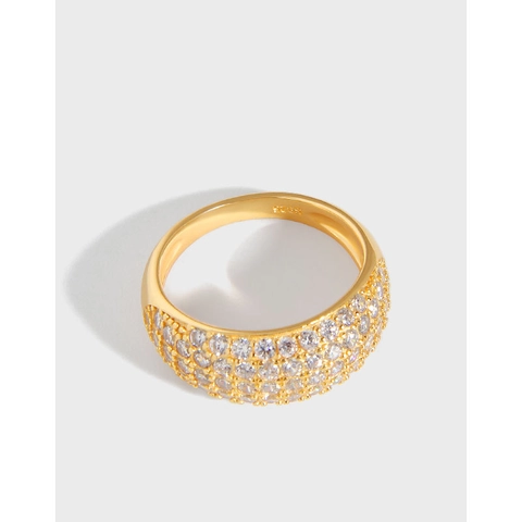 Korean Style 925 Sterling Silver Ring For Women Gold Plated Zirconia Pave Setting Arc Wide Band Minimalist Geometric Jewelry Gift