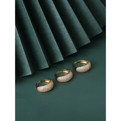 Korean Style 925 Sterling Silver Ring For Women Gold Plated Zirconia Pave Setting Arc Wide Band Minimalist Geometric Jewelry Gift