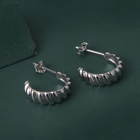Orecchini a Cerchio in Argento Sterling 925 a Forma di Croissant Intrecciato per Donna Placcati in Platino Oro Champagne Trama a Ingranaggi Gioielli Minimalisti